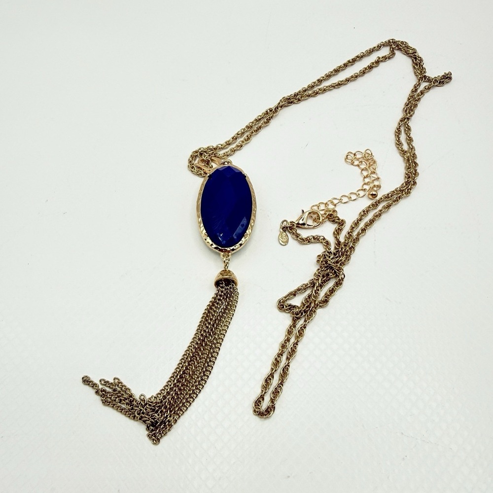 Premier‎ Designs CECE 40" Necklace Gold Plated Teal Blue Reversible Pendant